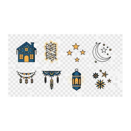 A collection of hand-drawn Ramadan elements including a mosque, decorative lanterns, a crescent moon with stars, and festive banners, perfect for holiday design.のイラスト素材
