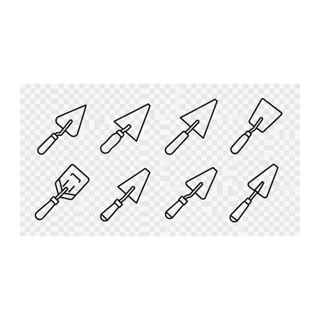 A collection of simple line art icons depicting different types of trowels, useful for construction, renovation, and DIY projects.のイラスト素材