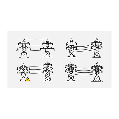 A set of line art illustrations showing different styles of high-voltage electricity transmission towers and the wires they support.のイラスト素材