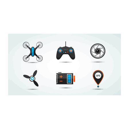 A collection of modern flat design icons representing drone technology, including a quadcopter,...