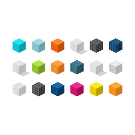 A variety of multicolored isometric cubes arranged in a grid, representing blocks, pixels, or...