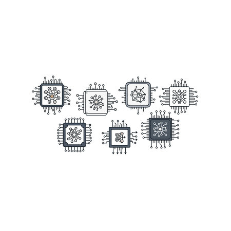 A variety of microchip icons representing computer processors, hardware, and electronic components.