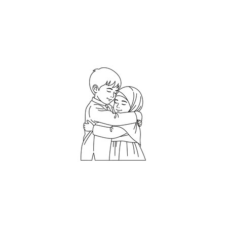 A tender line drawing capturing the innocence and love between two children, a boy and a girl, in a warm embrace, symbolizing affection and connection.のイラスト素材