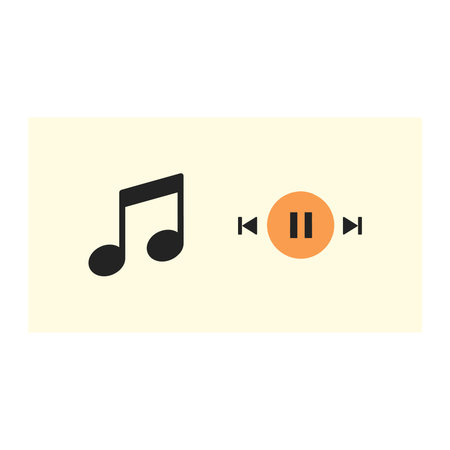 A simple icon set featuring a musical note and circular media playback controls for play, pause, and...