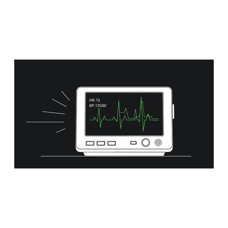 A simplified illustration of a medical monitor displaying a green heartbeat line (ECG) on a dark...