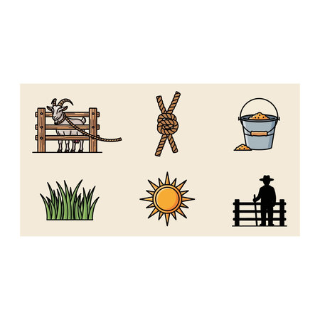 A charming collection of illustrated icons related to farm life, including a goat, fencing, sun, grass, and farming tools.のイラスト素材