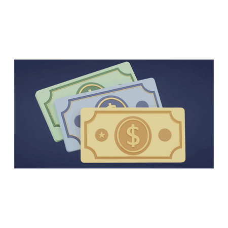 Three stylized US dollar bills are fanned out on a textured dark blue background, representing money, finance, and wealth.のイラスト素材