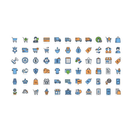 An extensive set of flat vector icons covering clothing, shipping, mobile commerce, and business operations.のイラスト素材