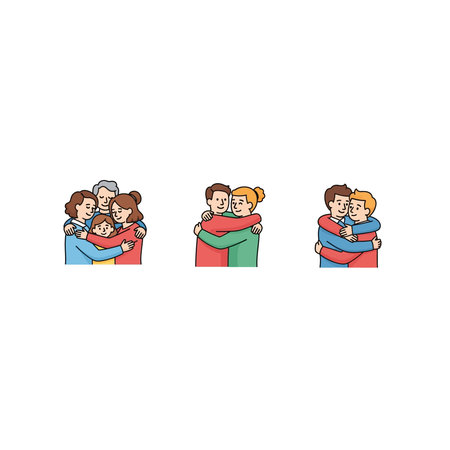 A series of simple vector icons depicting people hugging in various configurations, symbolizing love, friendship, and togetherness.のイラスト素材