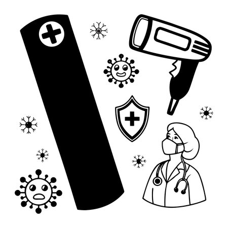 A set of icons representing the current pandemic situation, featuring a masked doctor, thermometer, shield, and virus particles.のイラスト素材