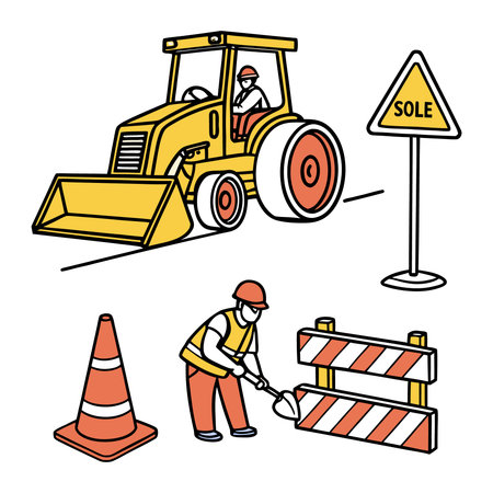A vibrant vector illustration depicting a construction scene with a front loader, a worker digging, a traffic cone, and a safety barrier, conveying an active work zone.のイラスト素材