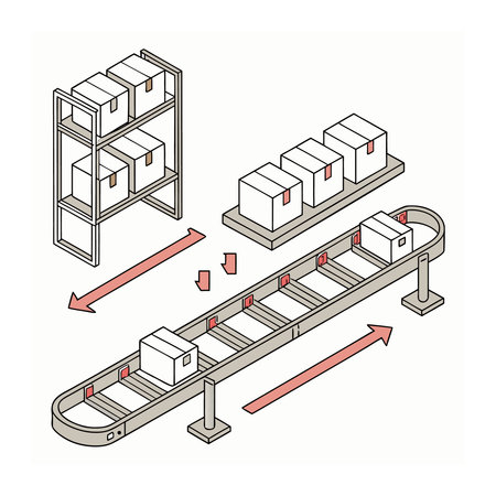 An isometric illustration depicting an automated conveyor belt system moving packages, along with warehouse shelving, symbolizing logistics and industrial automation.のイラスト素材