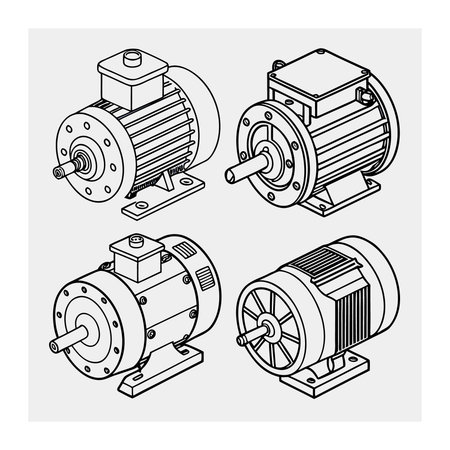 A set of four different isometric illustrations of industrial electric motors, representing various power units and machinery components.のイラスト素材
