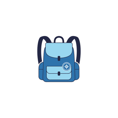 A simple, flat design illustration of a blue backpack featuring a small compass emblem on the front...