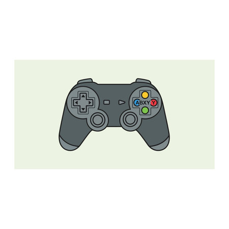 A contemporary dark gray video game controller with colored buttons, presented as a flat vector...