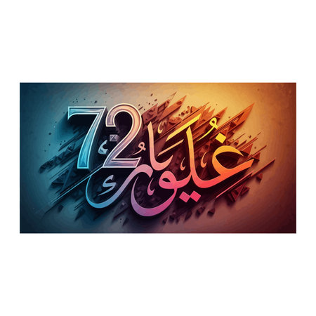 A striking artwork showcasing Arabic calligraphy, likely commemorating a 72nd anniversary or special event, rendered in vivid colors against a modern textured backdrop.のイラスト素材