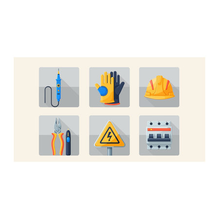 A set of six flat design icons depicting essential electrician tools and safety equipment, including...