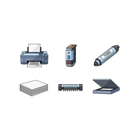 A collection of pixel art icons representing essential office equipment such as a printer, scanner,...