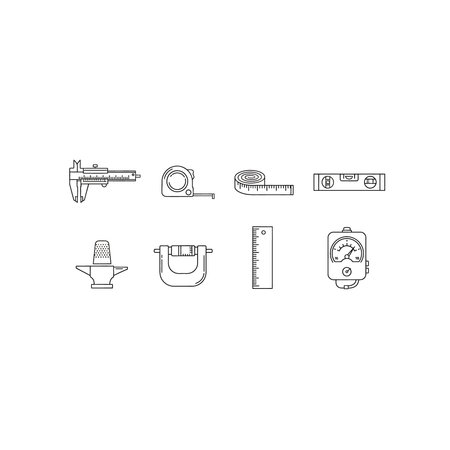 A set of hand-drawn style outline icons representing various measuring tools used in fields like...