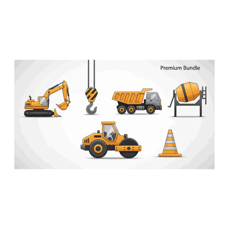 A collection of colorful flat design icons featuring various construction vehicles and equipment, perfect for building and engineering projects.のイラスト素材