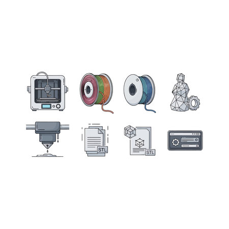 This charming pixel art illustration features a comprehensive set of icons related to 3D printing...