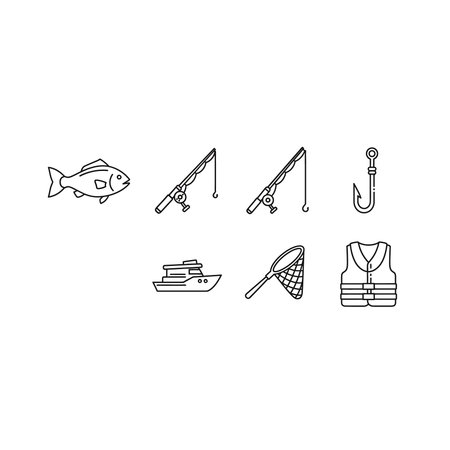 A collection of simple black and white line art icons depicting various fishing equipment and related items for outdoor hobbies.のイラスト素材