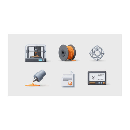 A collection of flat design icons representing various aspects of 3D printing technology, including...