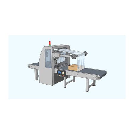 An industrial automated packaging machine is sealing a cardboard box as it moves along a conveyor...