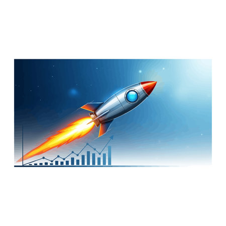 A silver rocket ascends with a bright fiery trail, set against a futuristic blue background with...