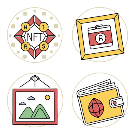 A modern icon set featuring Non-Fungible Tokens (NFTs), digital art frames, and a cryptocurrency...