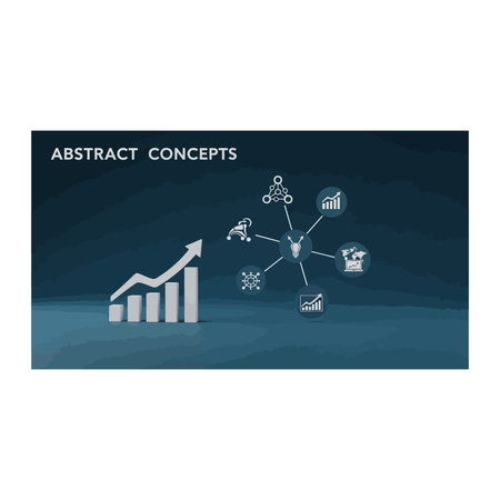 A graphic representing abstract concepts with a rising bar chart, a connected network of icons, and...