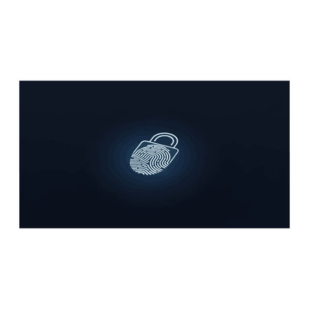 A bright blue digital fingerprint effect with glowing lines at the center of dark, abstract swirling...