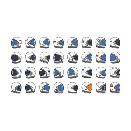 A collection of diverse astronaut helmet icons in different styles and colors, representing space...