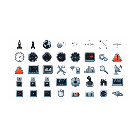 A collection of small, pixel-style icons representing various science, technology, and business...