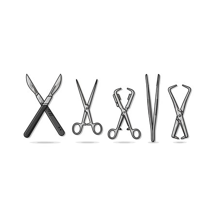 A collection of hand-drawn medical surgical instruments like scalpels, scissors, and clamps arranged...