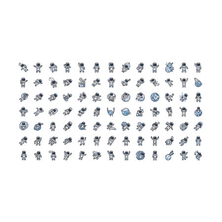 A comprehensive set of line art icons in shades of blue and white, depicting astronauts, rockets,...