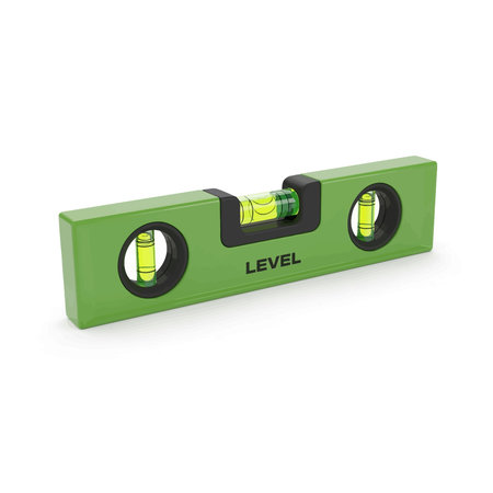 A three-dimensional graphic of a green spirit level with three yellow vials, used for measuring...