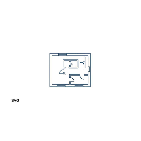 A minimalist 2D architectural floor plan showing room divisions,, and doors in blue line art on a...