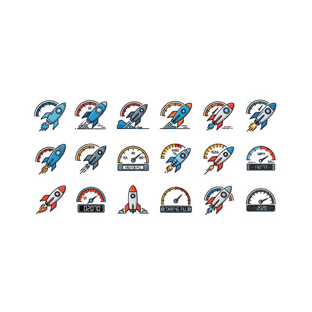 A set of colorful icons featuring rocket ships and speedometers representing business growth, fast...