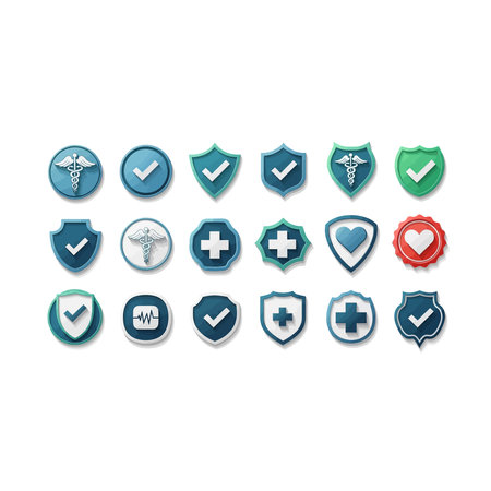 A set of 3D-style icons featuring medical symbols, shields, checkmarks, and hearts in blue, green, and red colors, representing health insurance and safety for commercial use, Red, Use, Blue, Greenのイラスト素材