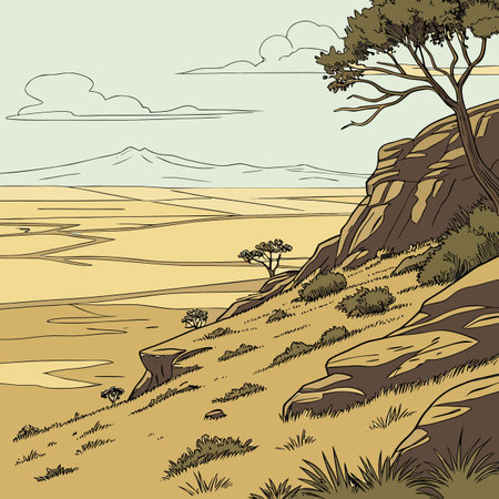 A stylized illustration of a vast African savanna landscape viewed from a rocky cliff. An Acacia tree stands prominently on the right, with distant mountains and scattered bushes below, Stylized, Artのイラスト素材