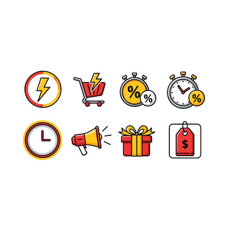 A professional collection of retail icons featuring a lightning bolt, shopping cart, discount stopwatch, megaphone, present, and price tag for online marketing, Retail, Icons, Tag, Bolt, Cart, Priceのイラスト素材