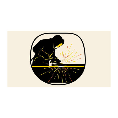 A professional graphic emblem showing a welder in a protective mask working with metal and glowing...