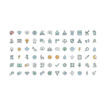 A collection of modern, flat design icons representing various business, technology, and finance...