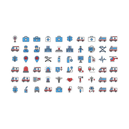 A grid compilation of small, flat vector icons representing various medical and healthcare elements like ambulances, stethoscopes, and hospitals, Grid, Compilation, Small, Flat, Like, Vector, Variousのイラスト素材