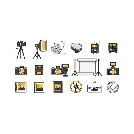 A comprehensive collection of photography studio icons including cameras, light stands, softboxes,...