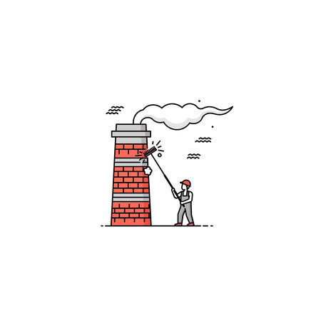 Illustration of a chimney sweep in uniform using a long brush to clean a brick chimney, with smoke billowing out from the top, Out, Uniform, Design, Building, Illustration, Using, Billowing, Air, Artのイラスト素材