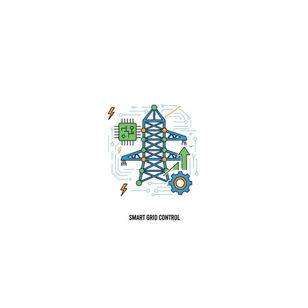 An illustration of an electric power transmission tower surrounded by icons of gears, charts, and...