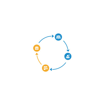 A simplified circular diagram showing a workflow process with four icons: two blue figures and two...