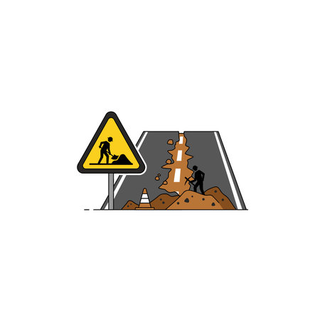 An illustration of a road work warning sign next to a damaged road with construction workers shoveling dirt and placing traffic cones, Dirt, Next, Building, Urban, Cones, Traffic, Illustration, Jobのイラスト素材
